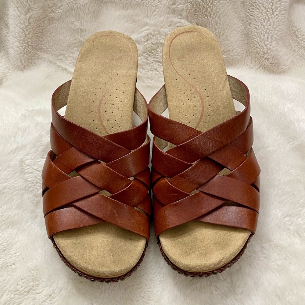 DANSKO Size 9.5 TROY Natural Brown Leather Woven Slide Clog Sandals 40 EUR